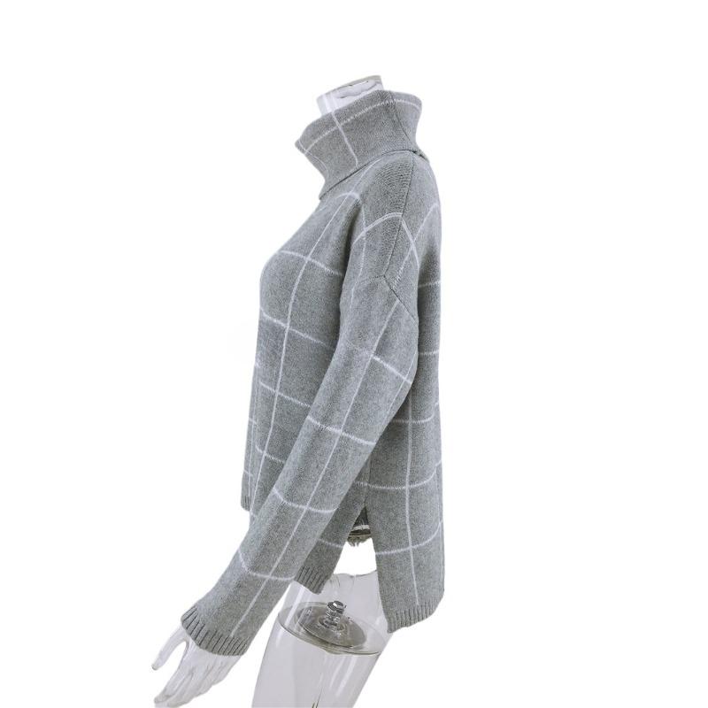 IHUASU Women's Autumn and Winter High Neck Pullover Loose Commuter Knit Sweater Plaid Fashion Jumper