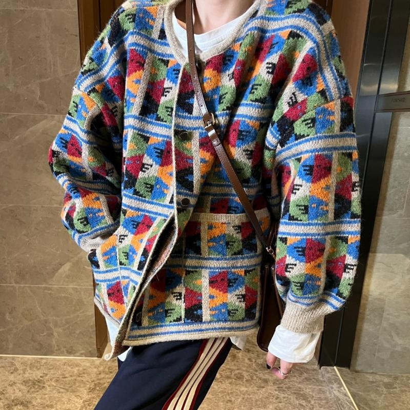 High-Quality Korean-Style Women's Color-Block Plaid Knit Cardigan Jacket Retro Wool-Containing Loose Knit Top