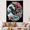 Koi Fish and Cherry Blossom Waves Design Patterned Tapestry Decorative Wall Hanging, Home Bedroom Living Room Decor
