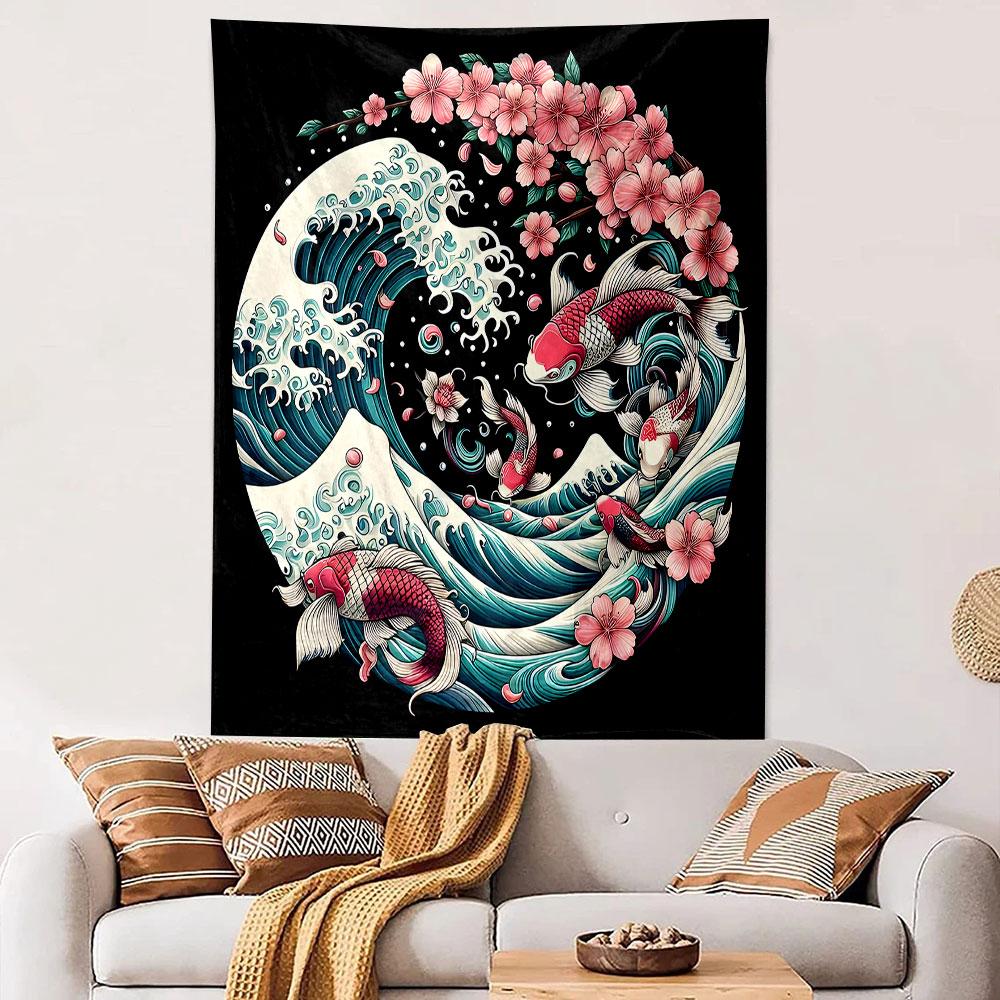 Koi Fish and Cherry Blossom Waves Design Patterned Tapestry Decorative Wall Hanging, Home Bedroom Living Room Decor