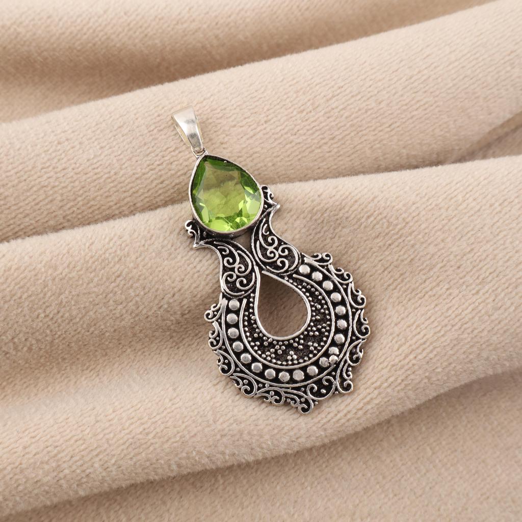 Rare Peridot Gemstone 925 Sterling Silver Oxidize Jewelry Designer Women's Pendant 1.8" For Birthday Gift CP-45-12