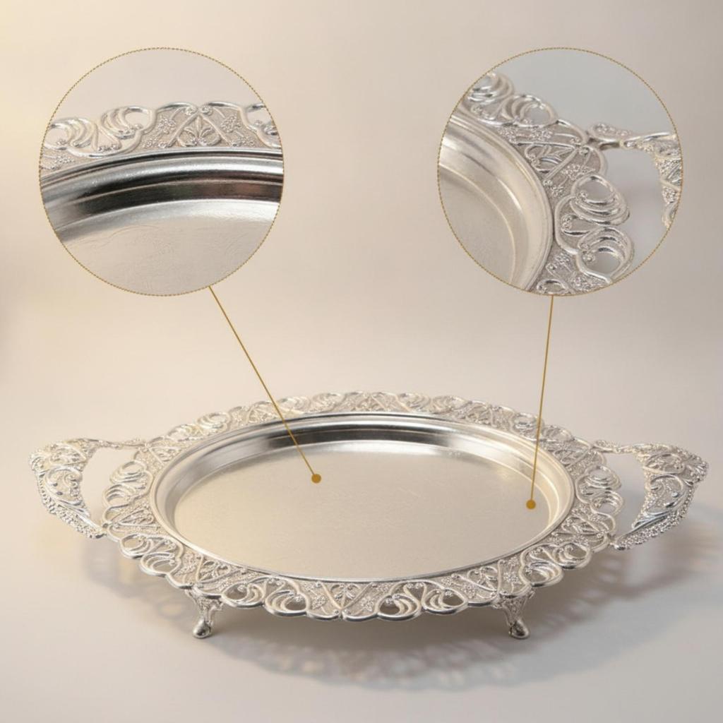 Serving Platter with Feet Silver Handles Floral Ornate Metal Tray for Hosts,