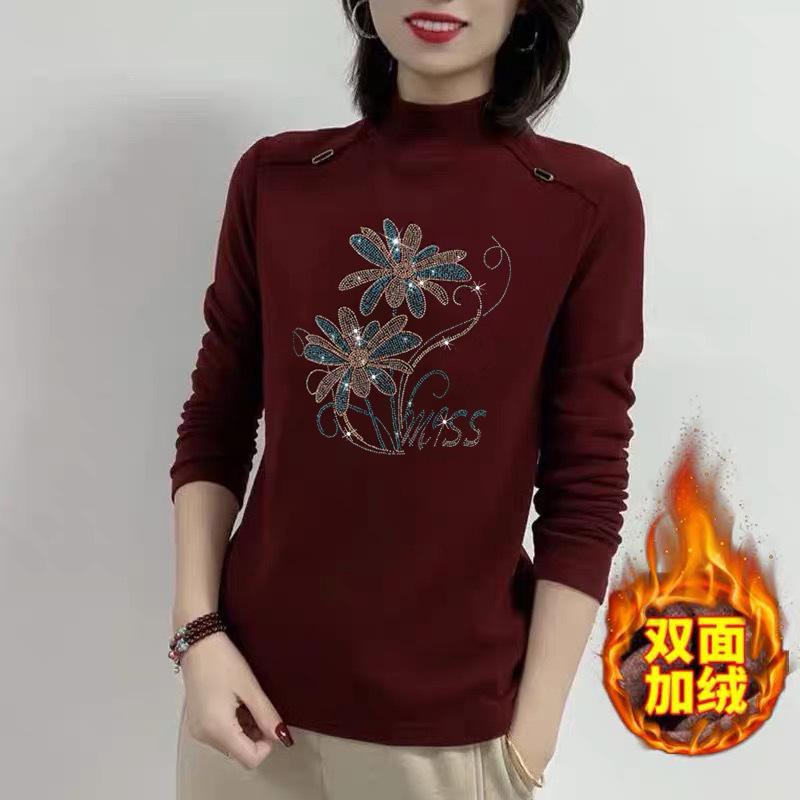 Thickened Warm Semi-turtleneck Bottoming Shirt for Women's Autumn and Winter New Slim-fitting Long-sleeved Solid-color Middle-aged Top for Women