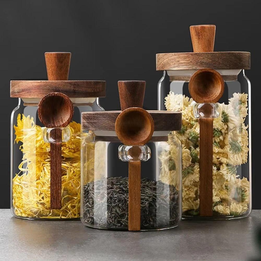 With Wood Spoon Glass Sealed Containers with Wooden Lid Food Storage Canister  Household