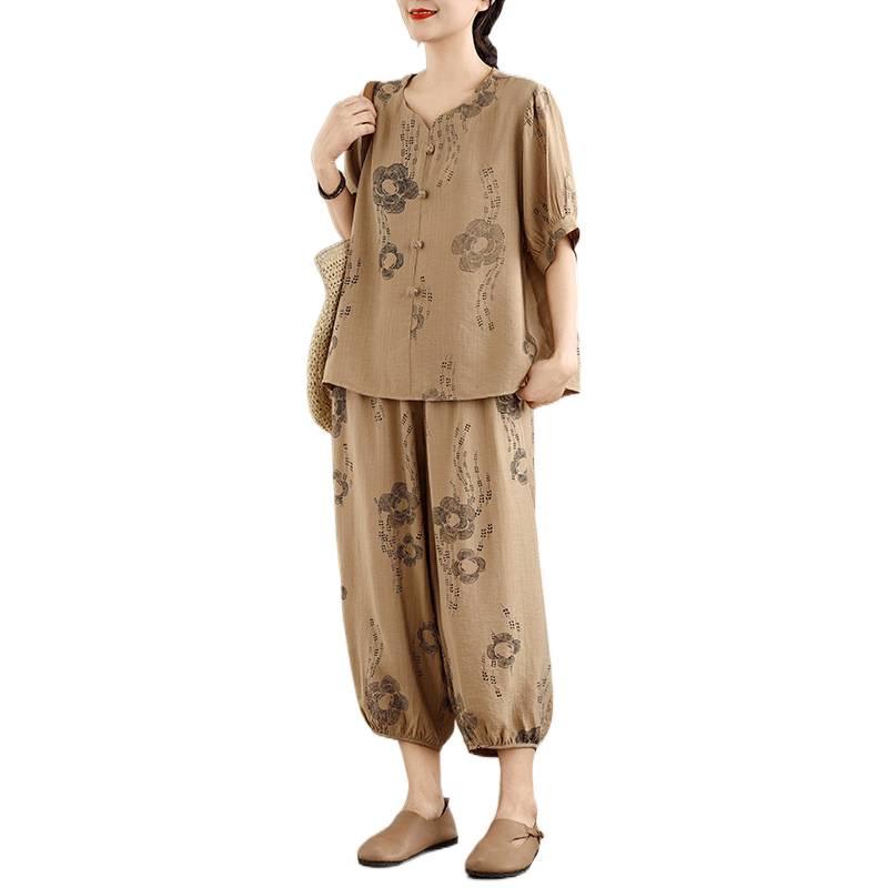 2026 Ethnic Style Tencel Linen Embroidery Women's Plus Size Summer Suit: Loose Slimming T-shirt + Pants Set