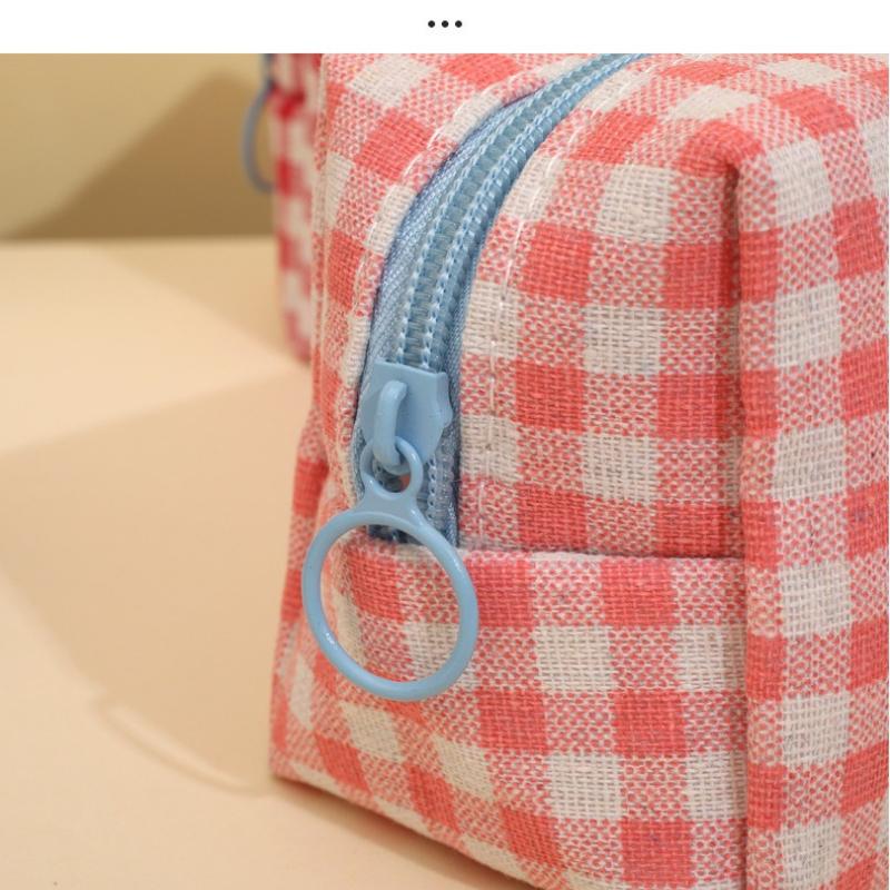 Trendy Plaid Makeup Bag Embroidered Bow Octagonal Cosmetics Organizer Makeup Pouch Portable Travel Organizer Bags Toiletries Bag