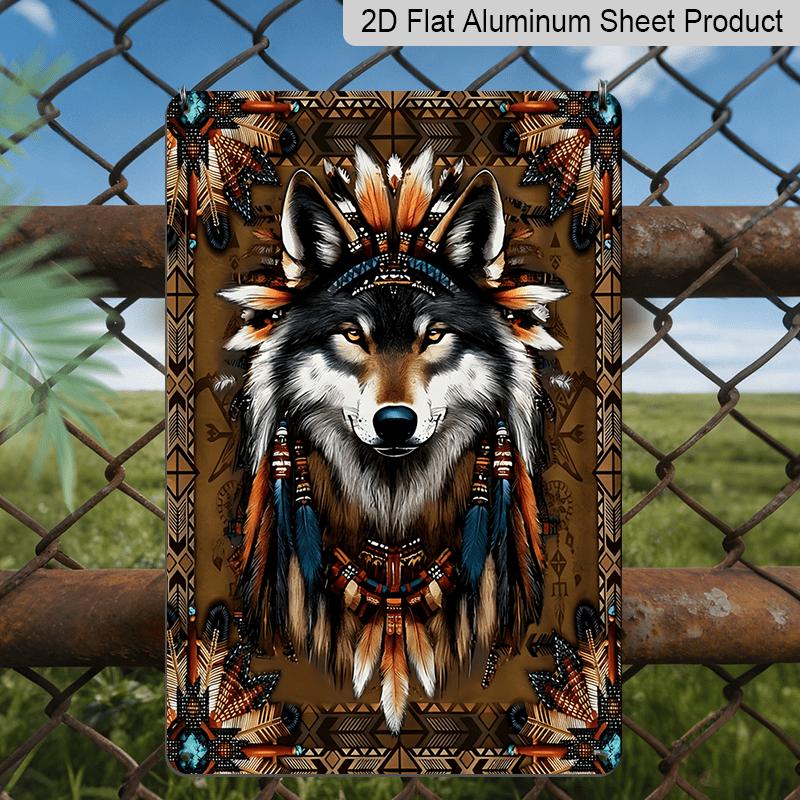 

2D Flat Vintage Tribal Wolf Metal Wall Art - Native American Inspired Feathered Design with Geometric Patterns 7.8 X 11.8 Inch Durable Aluminum 20*30cm