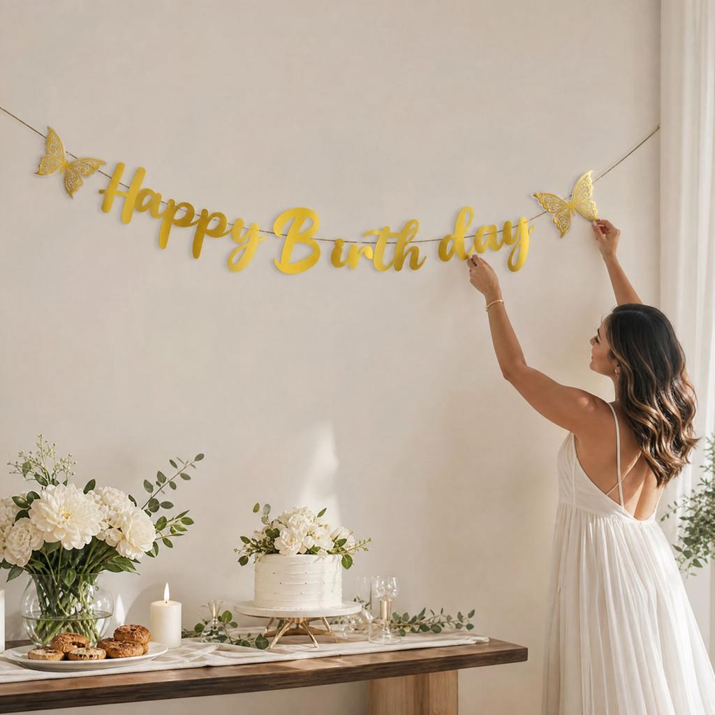 Gold Butterfly Birthday - Birthday Party Decoration Garland