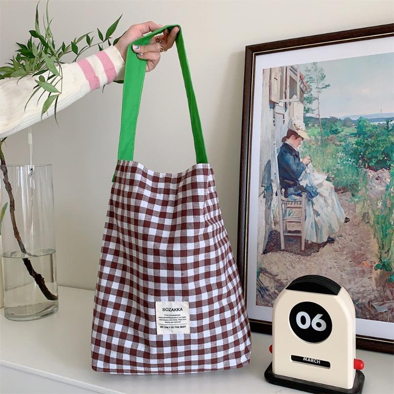 Canvas bag women's new contrasting color plaid shoulder bag college student literary commuter tote bag