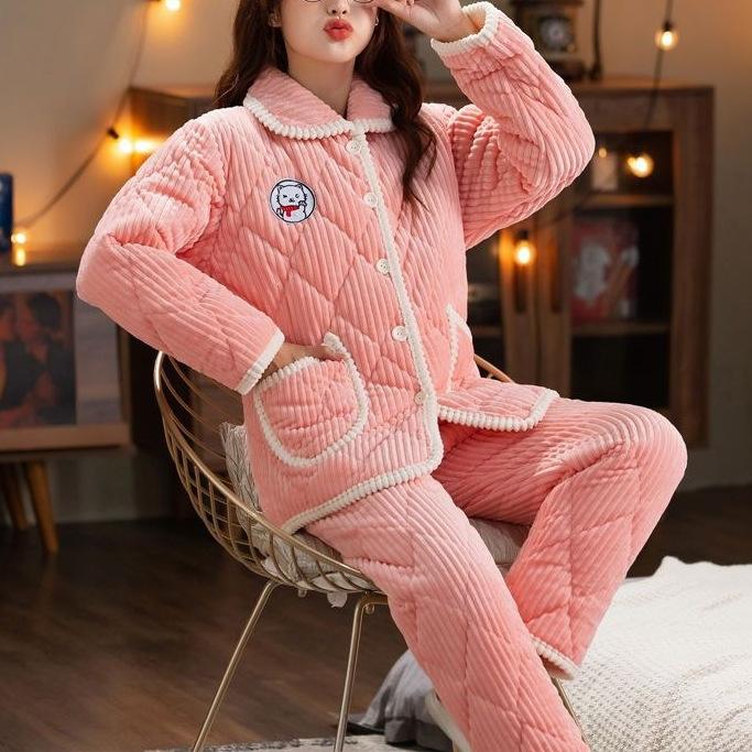 Süße warme wattierte Baumwolle kann draußen getragen werden dreilagiger Pyjama Damen Winter Loungewear verdickt saisonal große Größe