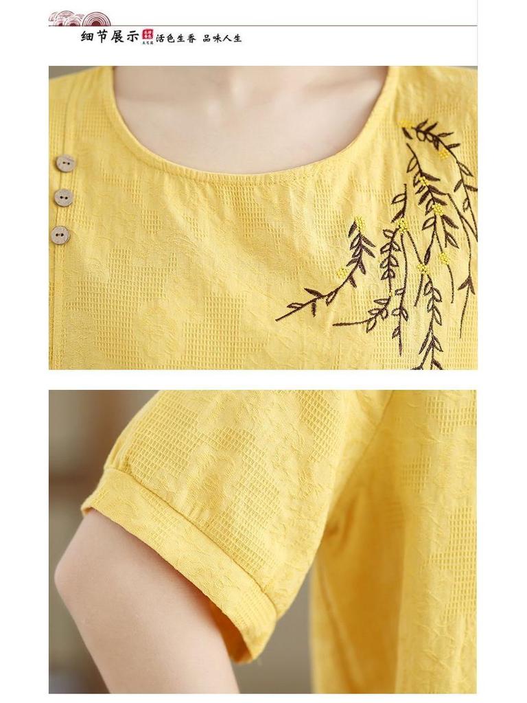 Mid-Age Women's Summer Cotton Linen Embroidered Two-Piece Set: Short Sleeve Top & Pants, Plus Size, Loose Fit