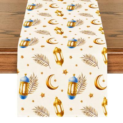 Vintage Ramadan Table Runner Floral Pattern Traditional Eid Mubarak Table Runner Washable Dinner Table Cloth Ramadan Celebration