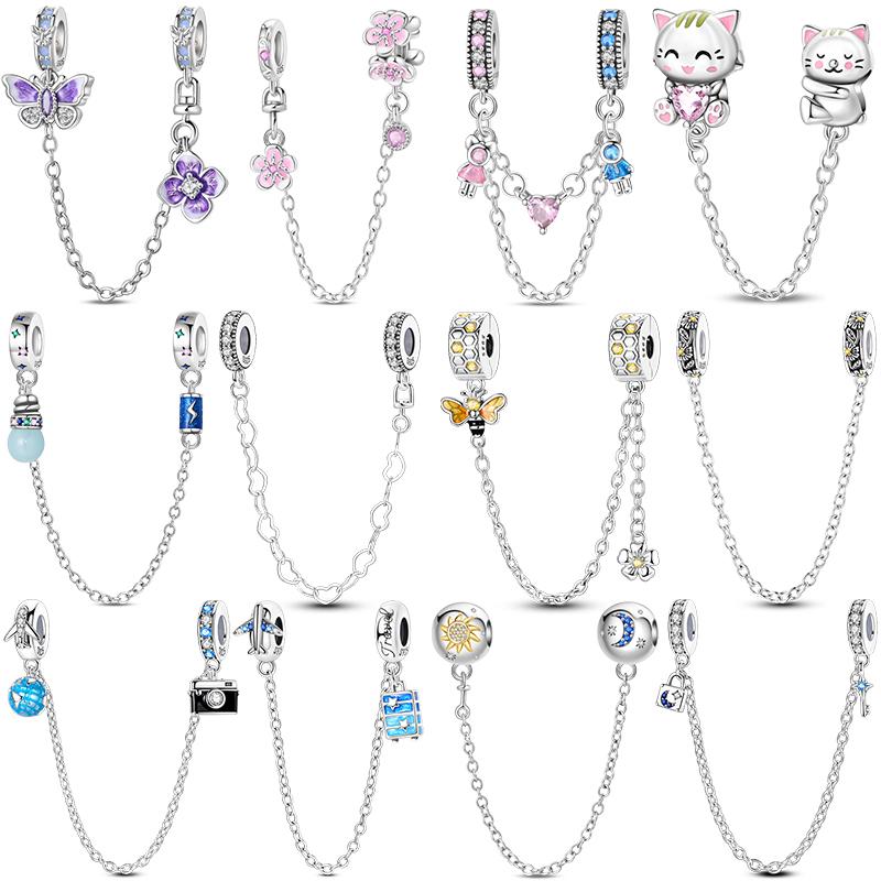 Copper Safety Chain Star Moon Airplane Earth Inlaid Zircon Charms Beads Fit Original Bangle Bracelet Diy Jewelry