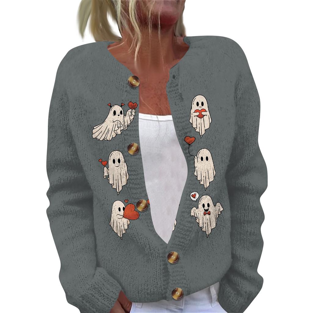 Women's Fashion Printed Valentine's Day Long Sleeved Knitted Cardigan Button Down Jacket