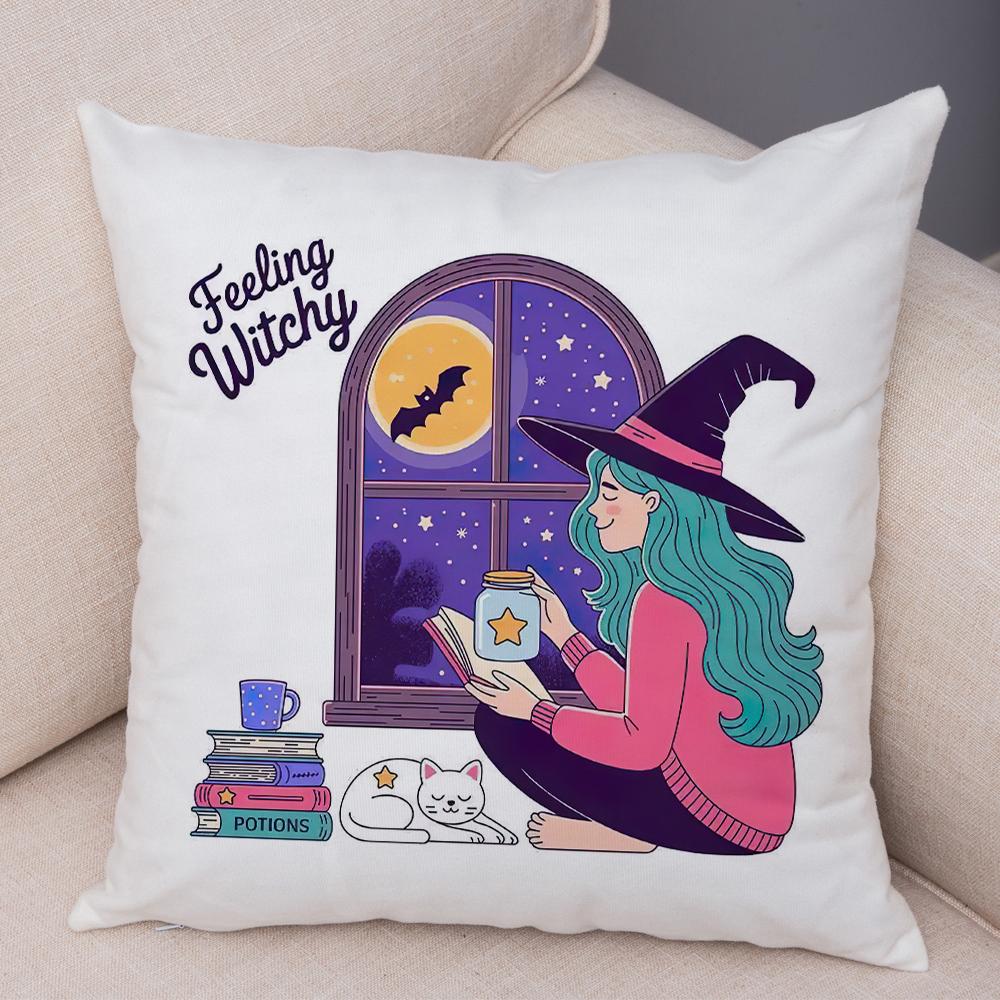 Witch Vibes Pillowcase Double Print Spooky Cats Cushion Cover Soft Plush Magic Potions Pillowe Case for Sofa Home Car