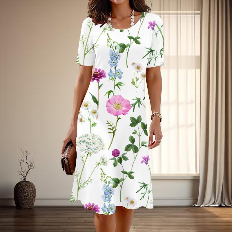 

Женская мода изящный цветочный принт лето весна короткий рукав О-образный вырез повседневные платья 8XL розовый