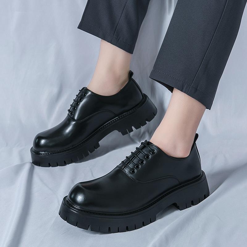Foreign Trade 2025 Spring and Autumn New Square Head Black Men's Large Size Retro Glossy Thick Sole Heightening with Wedding Groom Leather Shoes