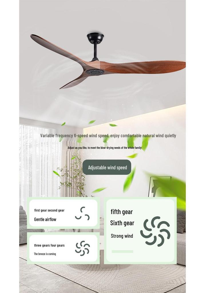 Variable Frequency Ceiling Fan with Light and Remote Control, Solid Wood Blades, for Living Room, Dining Room, Bedroom