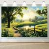 2D Sunrise Farm Backdrop Green Pastoral Landscape Photography Background