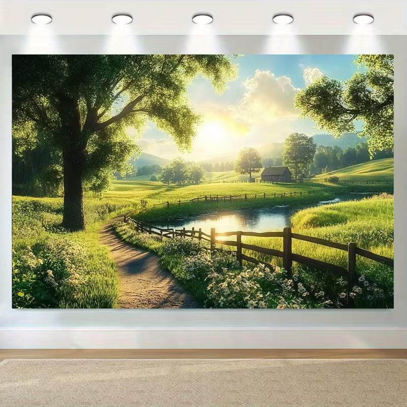 2D Sunrise Farm Backdrop Green Pastoral Landscape Photography Background