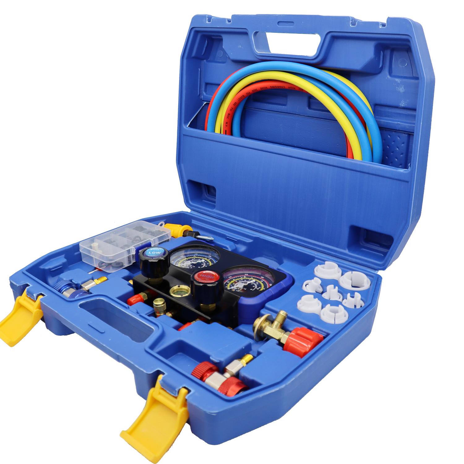

Набор автомобильных инструментов для охлаждения, кондиционирования воздуха, 3-ходовой инструмент со шлангом и крюком для R410a R32 R22 R-134a, манометрический коллектор синий