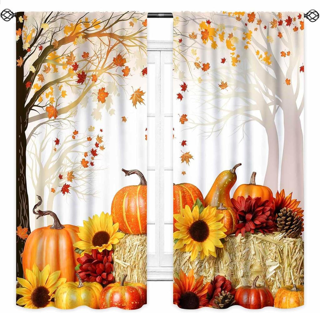 Autumn Leaf Pumpkin Print Curtain Fall Festival Curtains Bedroom Living Room Happy Thanksgiving Decor With Blackout Polyester Perfect For