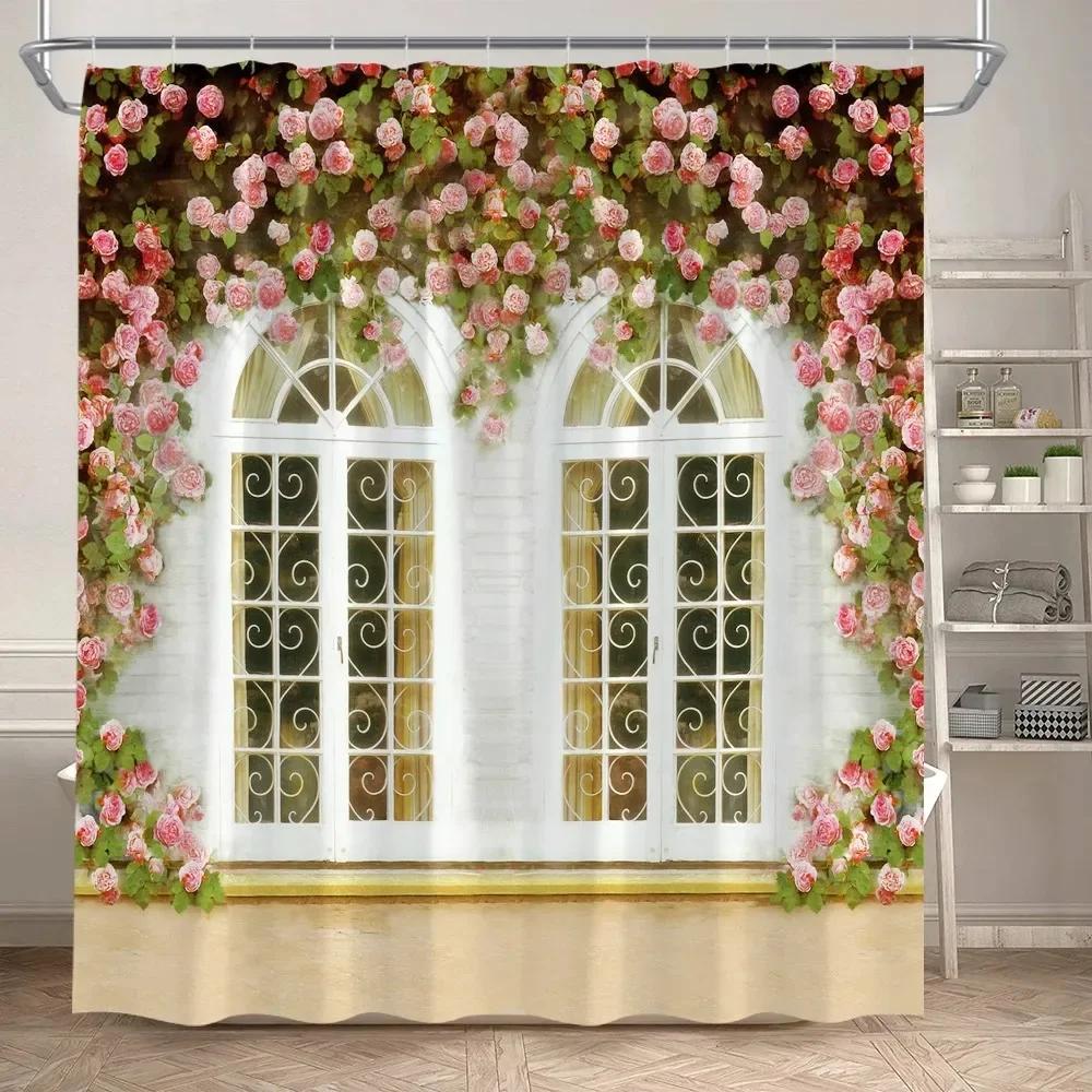 Fence Flowers Shower Curtains Blue Window Nature Floral Plants Scenery Modern Garden Wall Hanging Home Bathroom Decor With Hooks