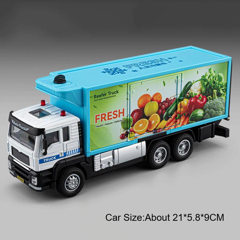 1:50 Vegetable And Fruit Refrigerated Truck Dust Suppression Spray Car Model Toy Pull Back Simulation Vehicles Desktop Ornament