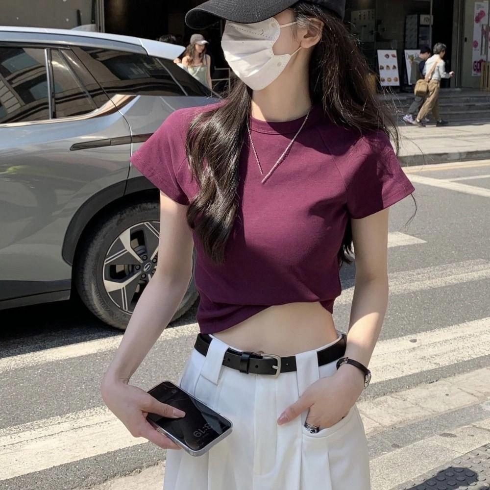 Chic Y2K Crop Top Solid Color Tees Shirts Women Simple Short Sleeve T-shirt Streetwear