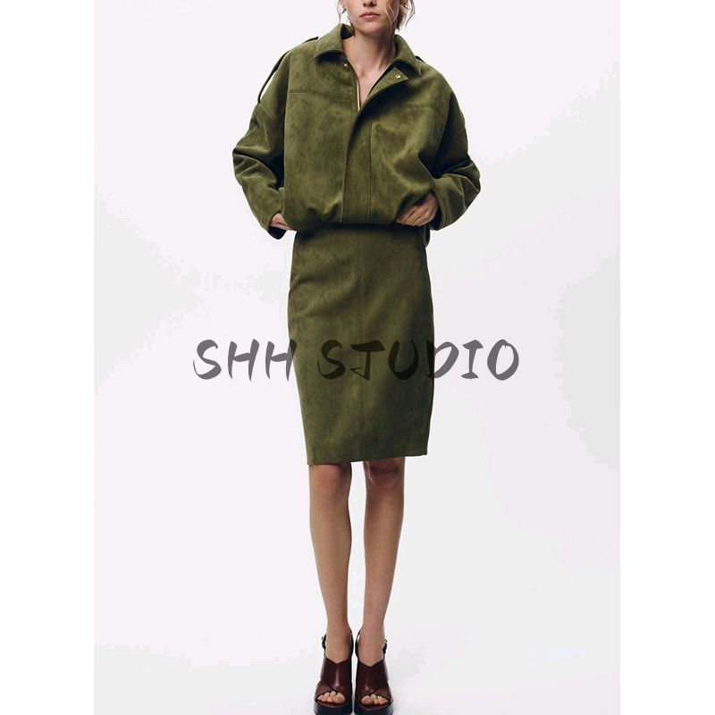 Spring New Suede Texture Mid Waist Midi Dress 4344156 Pilot Jacket Outwear 4344155