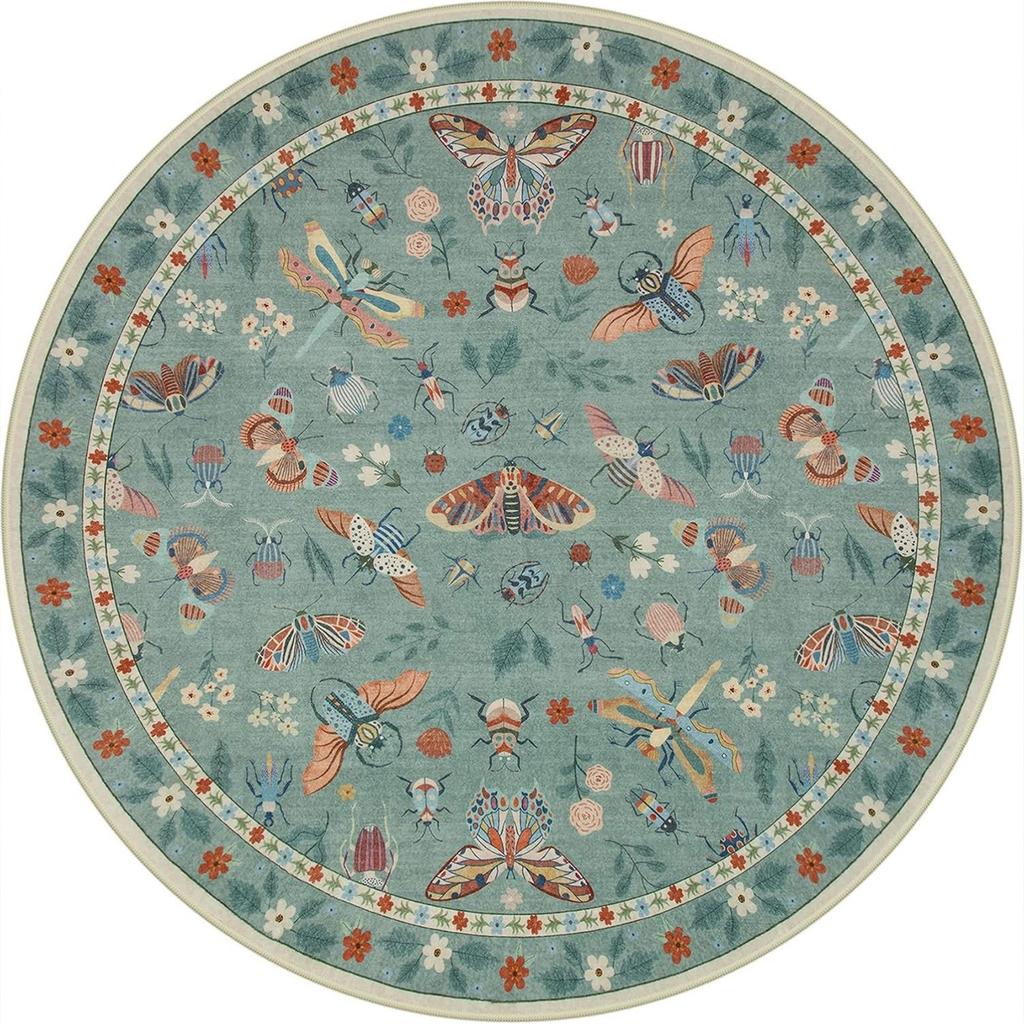 Runder Insekten-Garten-Teppich - Schmetterlinge/Libellen/Käfer mit Blumenrand, Natur-inspirierter Teppich für Boho-Wohnzimmerdekoration