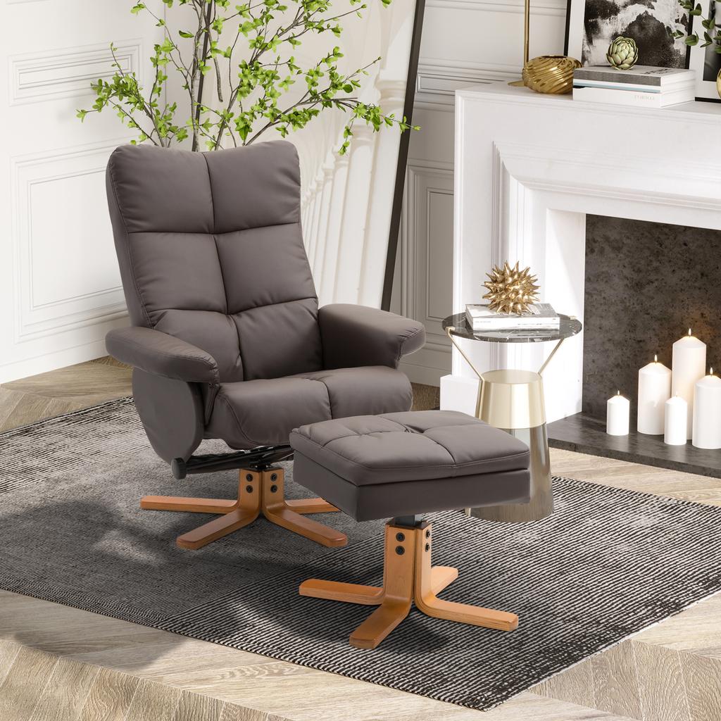 PU Leather Swivel Recliner Chair with Footstool, Wooden Base and Storage for Living Room, Brown