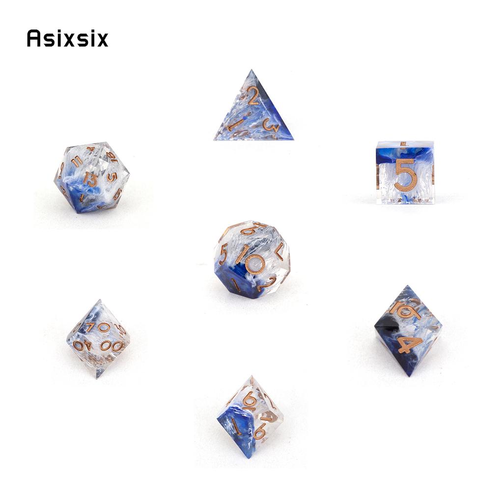 7 Pcs Blue Golden Number Sharp Edge Resin Dice Polyhedral Dice Suitable For Role-Playing Dice PropBoard Game