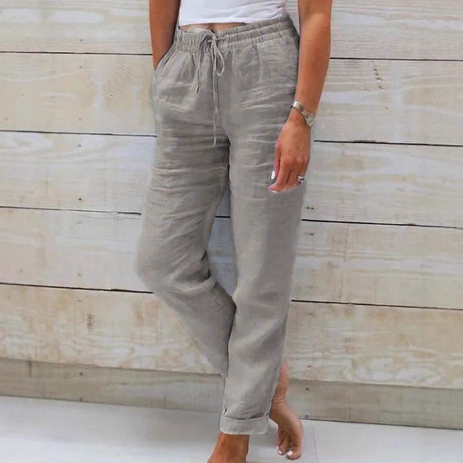 2023 Women's High Waist Elastic Cotton Linen Casual Pants