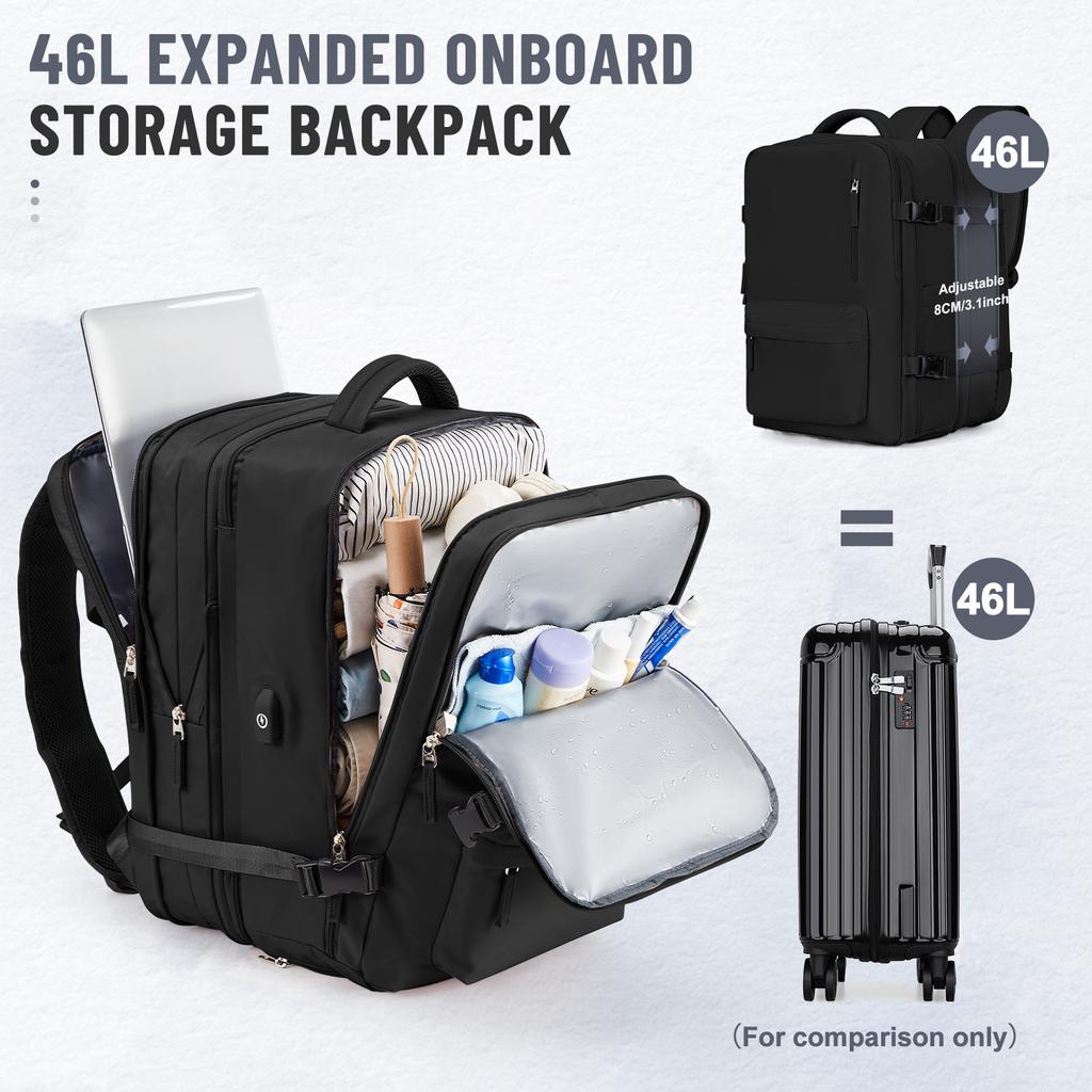 Expandable Travel Laptop Backpack for Men and Women, Large Capacity Waterproof Hand Luggage, Airplane Carry-On Bag