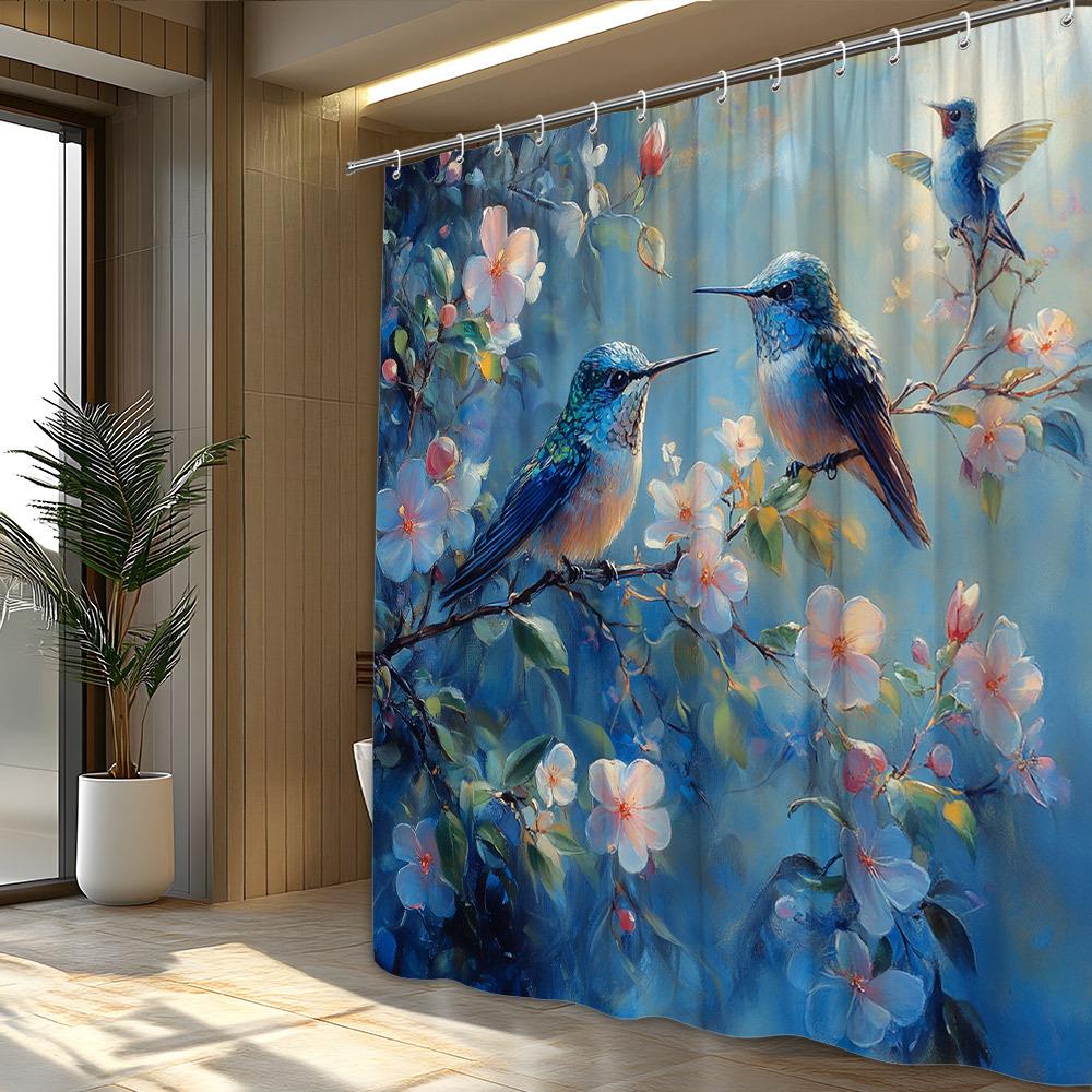 1 Stück Kolibri & Blüte Duschvorhang - Lebhafter Polyesterstoff mit irisierenden Federn & impressionistischen rosa/weißen Blüten