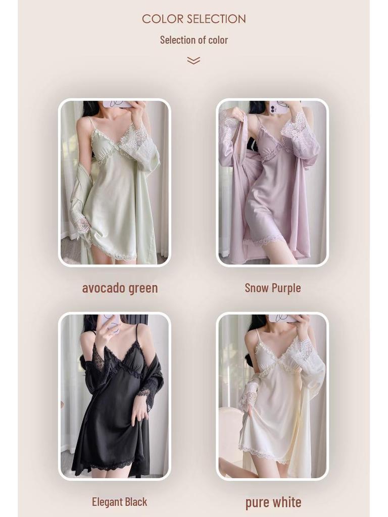 Set de pijamale din dantelă din mătase de gheață: Cămașă de noapte și halat de vară cu cupe