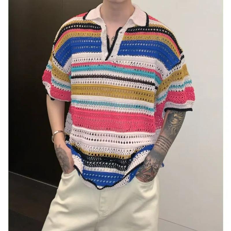 

Men Summer Fashion Vintage Rainbow Striped Hollow Polo Collar Knitted T Shirt Casual Streetwear Short Sleeve Loose Pullover Tops XXL різнокольоровий
