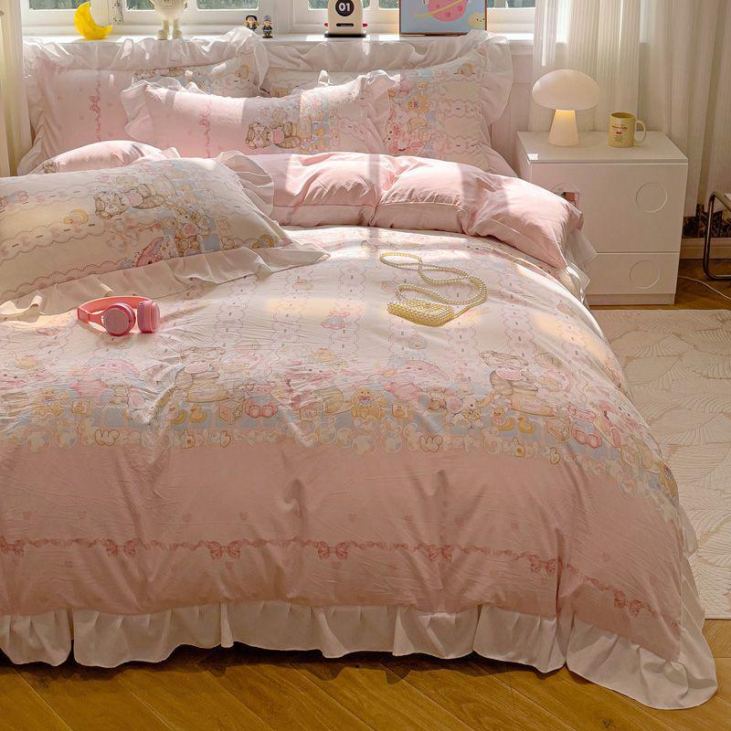 G5Z Princess Mingsha Lolita Lace Washed Cotton Bedding Set - Duvet Cover, Bed Sheet, Cute Girl Dormitory Style (4-Piece)