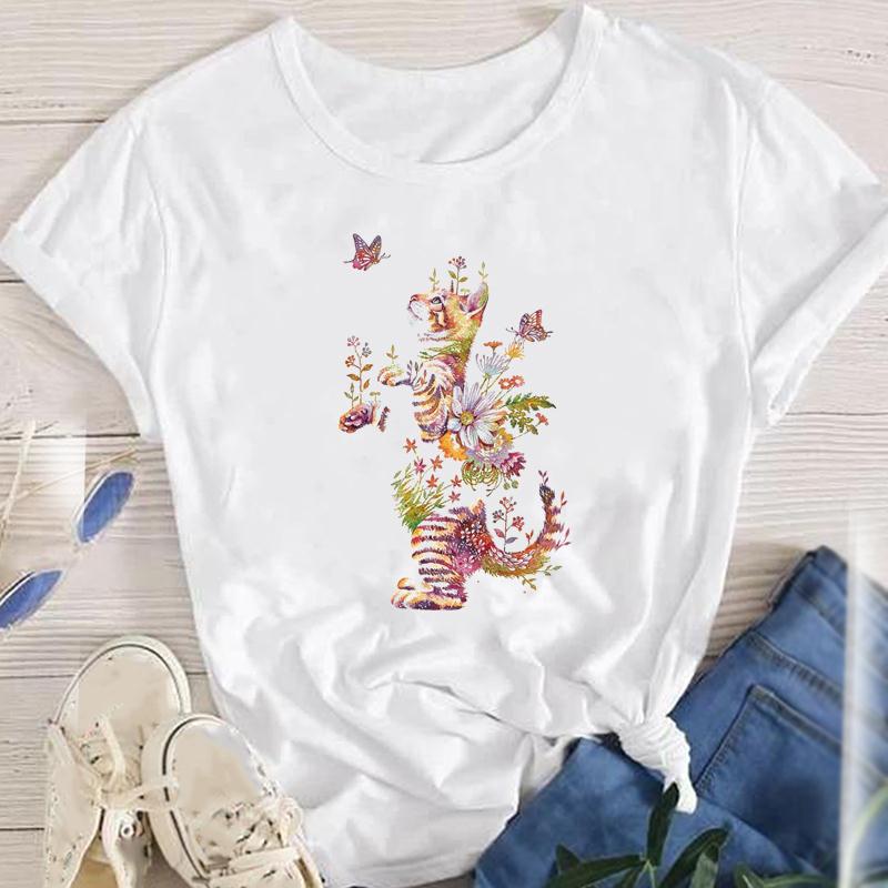 Fashion Cartoon Cat Plant Casual New Lovely Tees Women Short Sleeve Lady Female Graphic Tops Clothes Print Tshirt TShirt