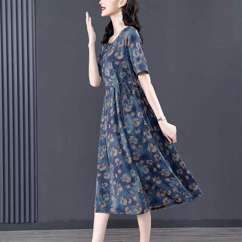 Chinese mother fashion Korean version dress women's summer new loose Chinese mother temperament flower skirt