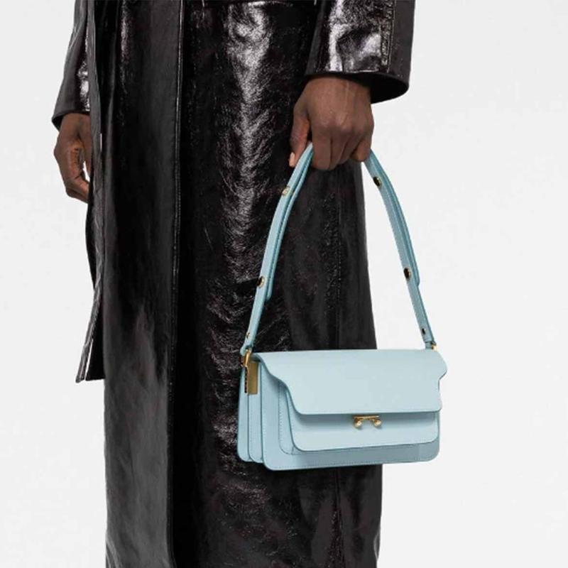 Marni Trunk Simple Solid Color Adjustable Shoulder Strap Calfskin Crossbody Bag Women bags Light-Blue SBMP0121U0LV520Z602B