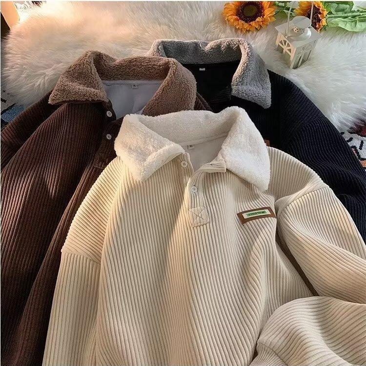 Herren Cord-Polo-Kragen-Sweatshirt mit Samt-gefütterter Lammwolle – Herbst/Winter Hongkong-Stil