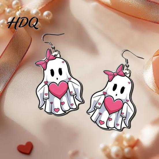 Cute Halloween Jewelry Pink Heart Ghost Earrings, with Bow Drop Non-oxidizing Earrings Lightweight Acrylic for Girls Women