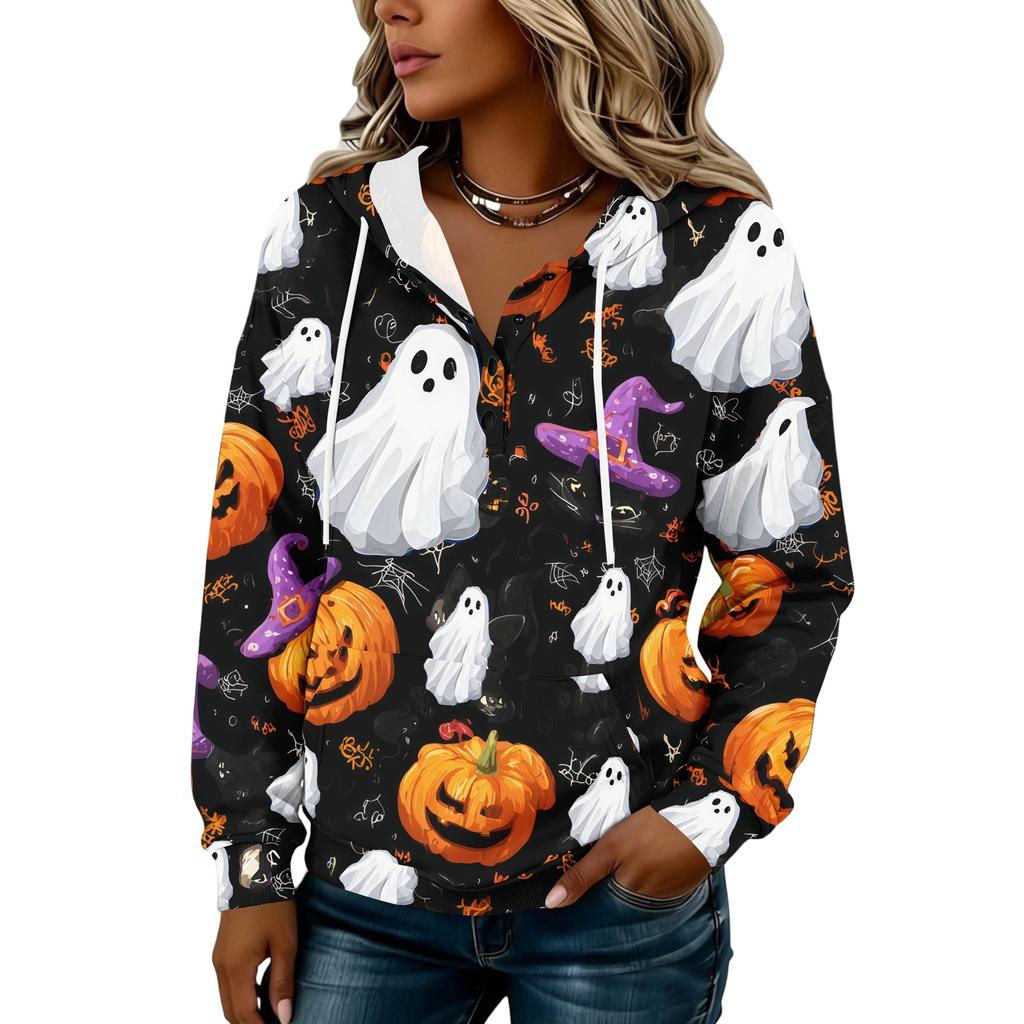 Women's Fashion Hooded Button Front Halloween Print Sweatshirt
