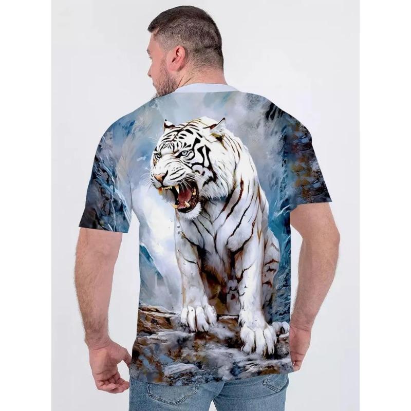 Summer Printed 3D Digital Tiger Loose Plus Men's Casual Trendy Short Sleeved T-shirt Top