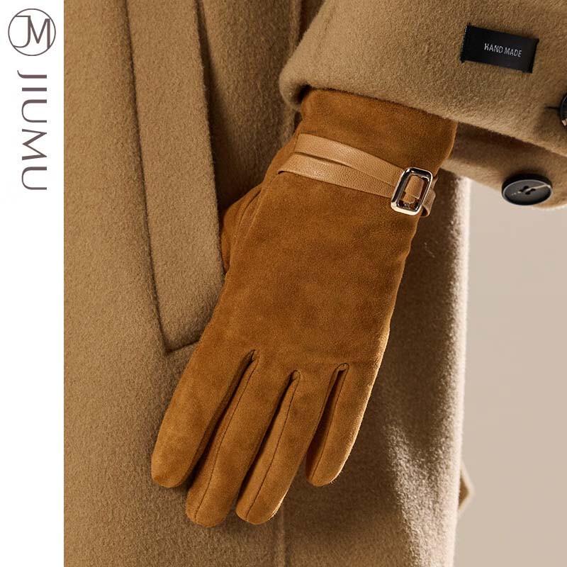 JIUMU Women's Warm Plush-Lined Sheepskin Gloves