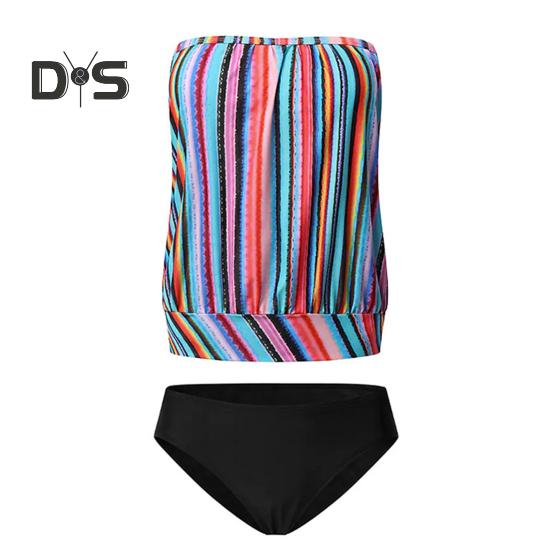 

2 шт./комплект женский купальник бандо без рукавов полосатый принт купальные топы с высокой талией плавки комплект пляжная одежда XL Stripe