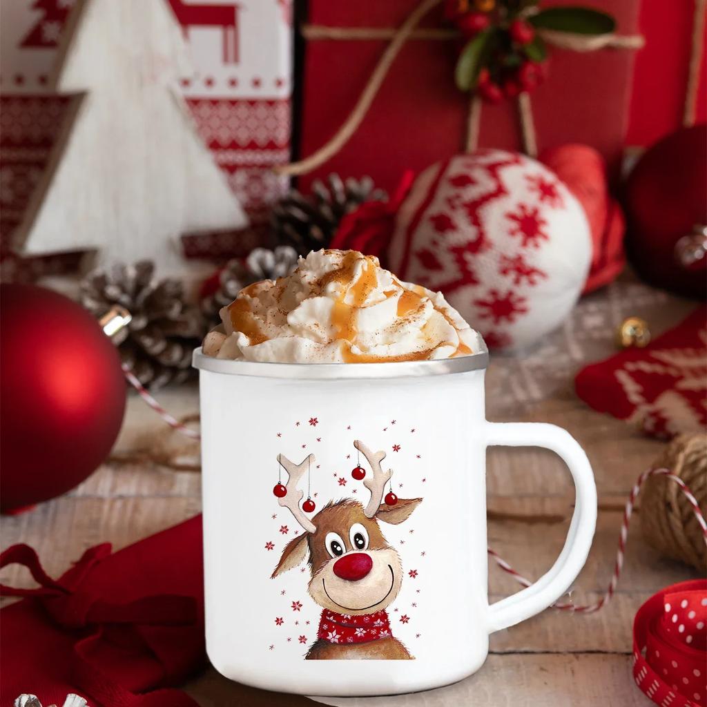 Christmas Snowman Print Party Beer Drink Enamel Mugs Tumblers Creative New Year Gifts Eco Heatable Handle Breakfast Milk Cups