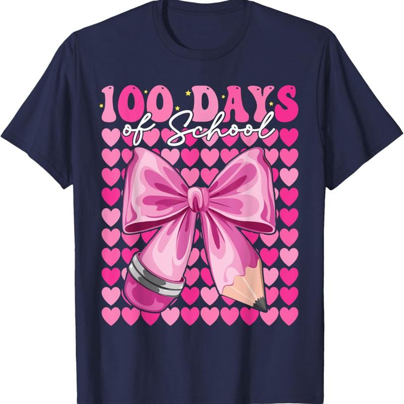 

100 Days Of School Teacher Girls Coquette Bow 100Th Day Kids T Shirt - Men s Summer Cotton Graphic Tee 5XL